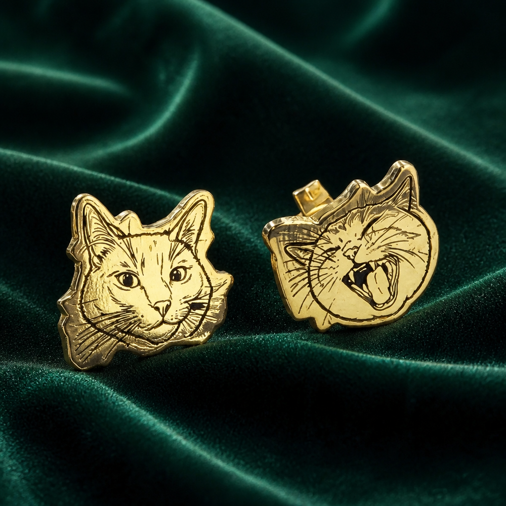 18K gold plated cat portrait stud earrings on emerald velvet