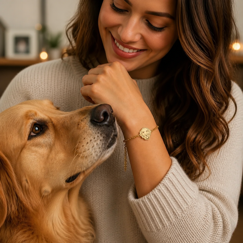 Owner sharing a tender moment with her golden retriever, wearing the pet portrait bracelet