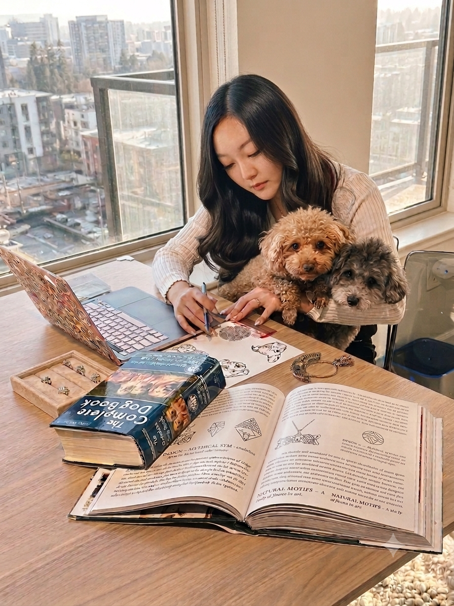 Everpaw founder sketching jewelry designs in her atelier with her two dogs