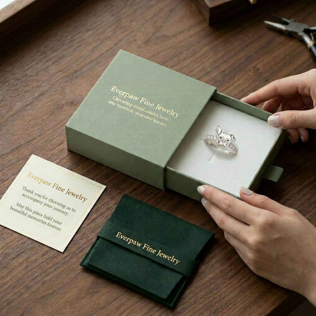 Artisan hands closing the emerald ForeverPaw drawer gift box, with matching pouch and thank-you card
