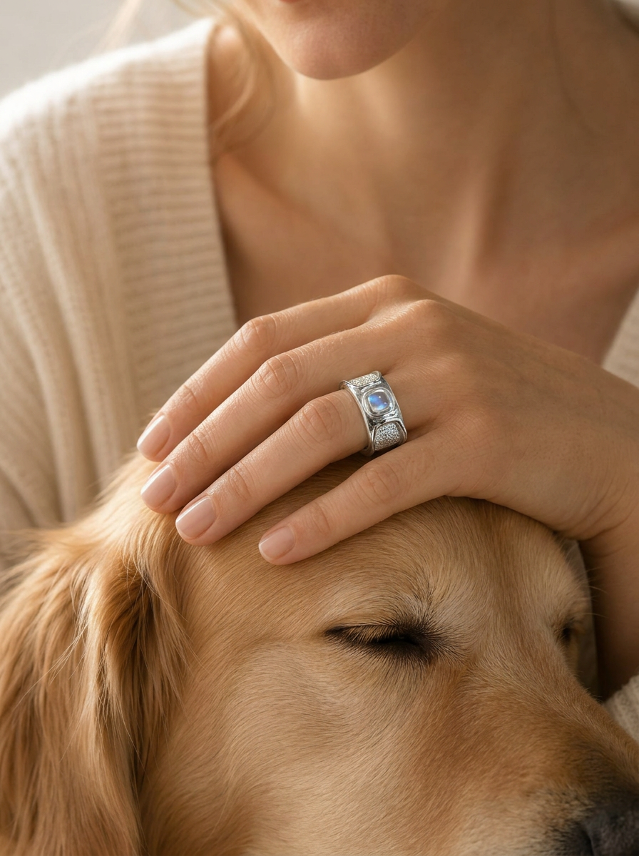 A woman's hand wearing a sterling silver nose-print ring, resting gently on her beloved dog's head